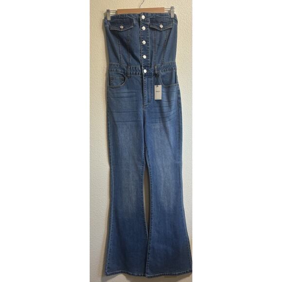 Forever 21 Women’s Strapless Denim Jumpsuit Size Small Flare Leg Romper Western - Picture 1 of 8